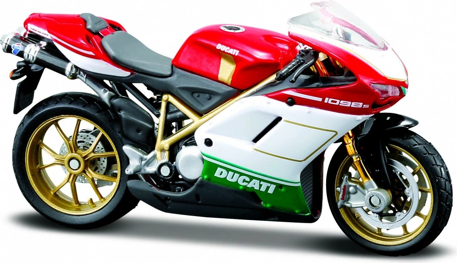 Model motor Maisto Ducati 1098S 1:18, metal, i kuq, i bardhë, i gjelbër, me qëndrim