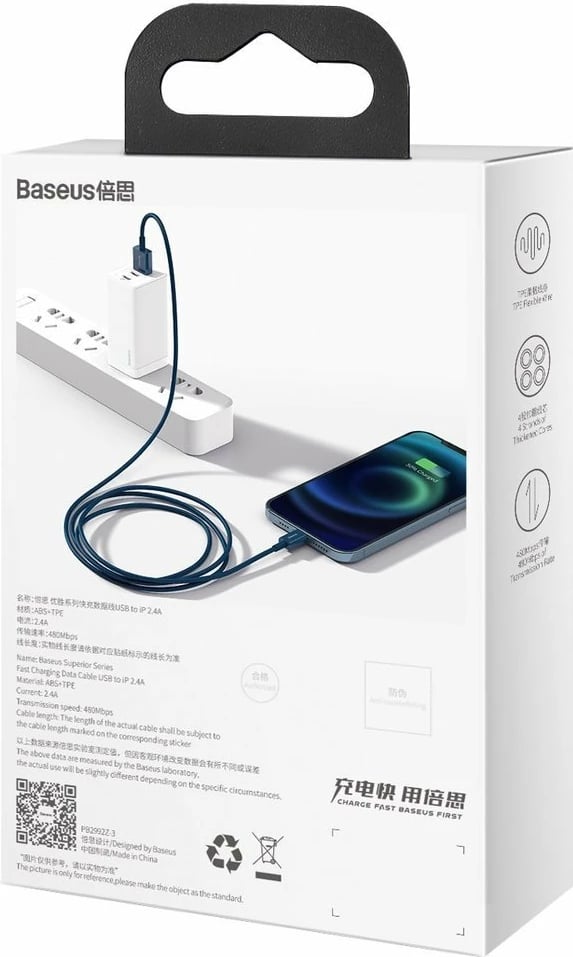 Kabllo Baseus Superior CALYS-A03 USB në Lightning, 1 m, Blu Kabllo Baseus Superior CALYS-A03 USB në Lightning, 1 m, Blu