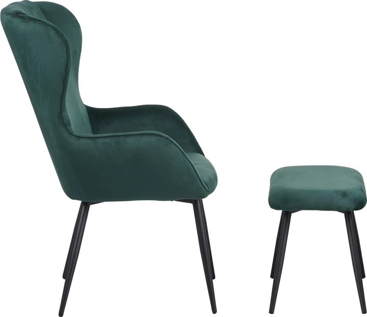 Fotelje me tabure Rueda kadife ngjyrë e gjelbër e errët me këmbë metalike të zeza 71.5x66.5x99cm