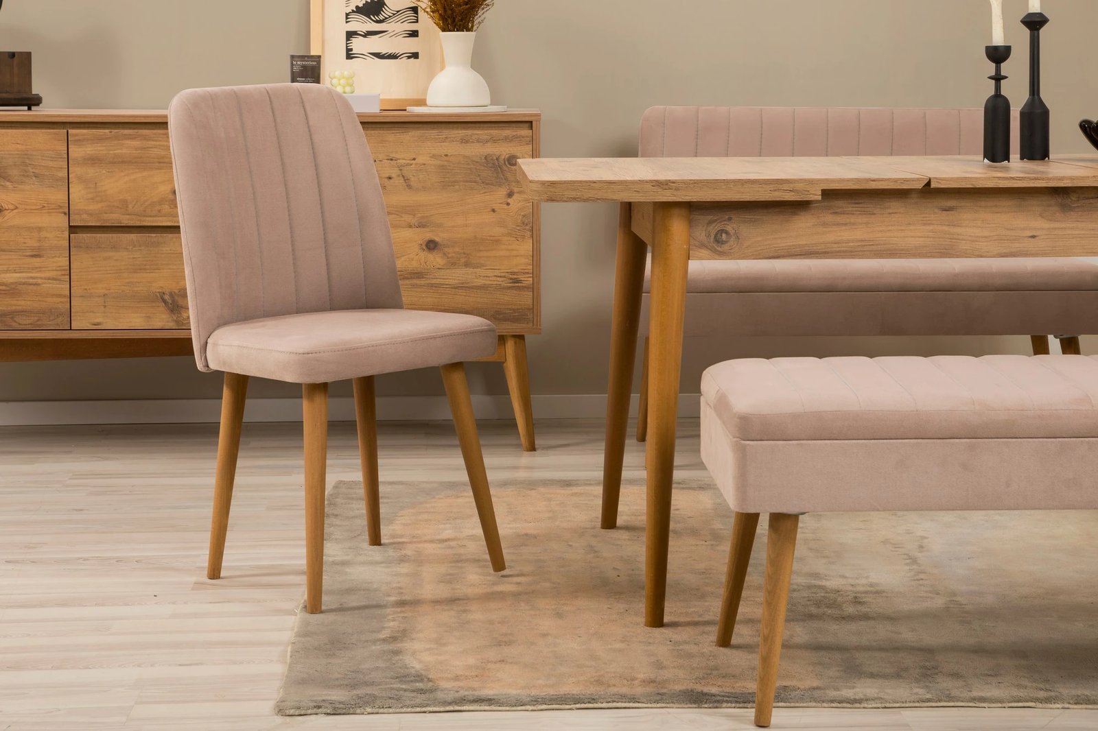 Set tavoline me karrige, bankë, konsolë, zgjatje, 6 pjesë, Skye Decor, Vina Bench 04 0900, ngjyrë Atlantic Pine, Stone