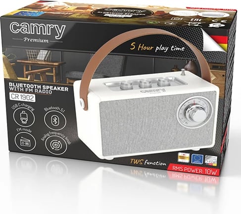 Altoparlant Bluetooth me radio FM, Adler, CR 1902, 5 W, Bluetooth 5.1, 1500 mAh, TWS, SD/USB/AUX, i bardhë