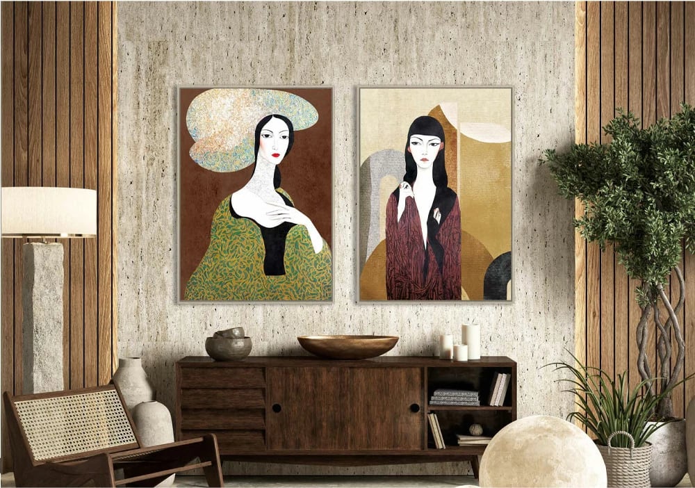 Pikturë dekorative Vintage Lady, kanavacë, dru natyral, shumëngjyrëshe, 83x123x4cm