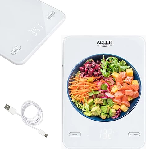 Peshore kuzhine, Adler, AD 3177, kapacitet 10kg, USB Type-C e rikarikueshme, platformë xhami 16x22cm, e bardhë