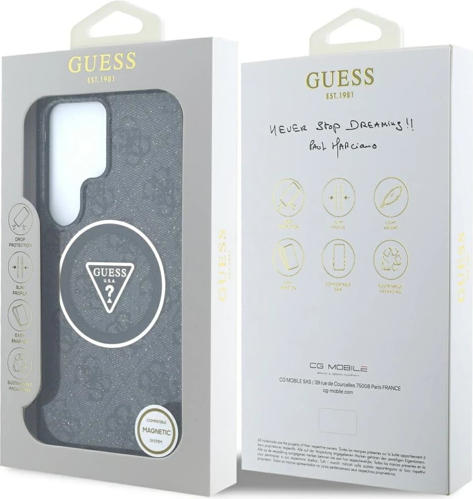 Mbështjellës Guess 4G Glitter Triangle Buttons MagSafe për Samsung Galaxy S25 Ultra, Zi Mbështjellës Guess 4G Glitter Triangle Buttons MagSafe për Samsung Galaxy S25 Ultra, Zi