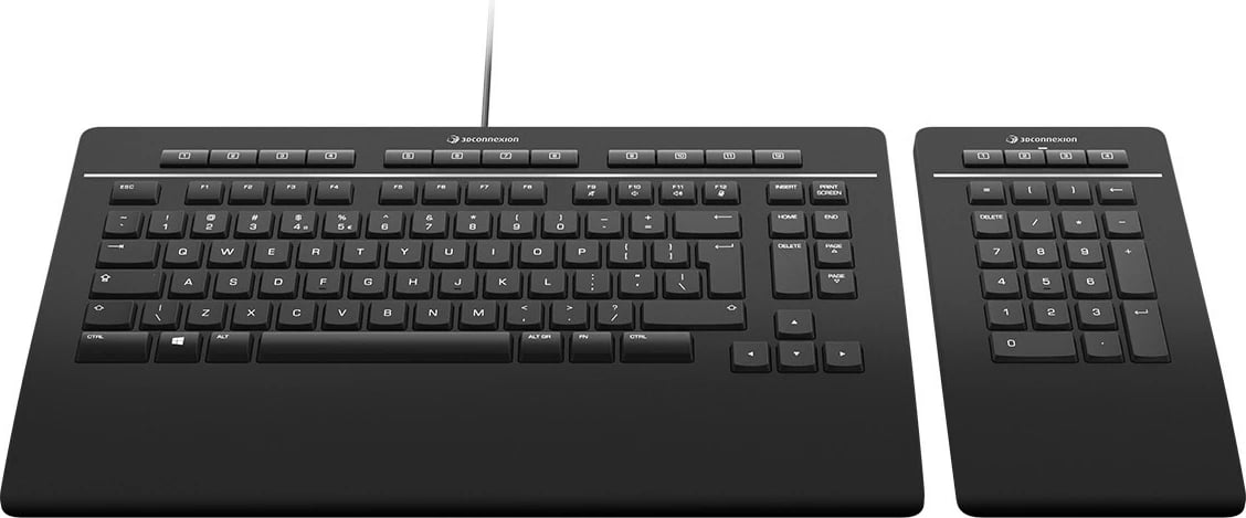 Tastierë 3Dconnexion Keyboard Pro, Numpad i ndarë, Full-size, Wired & Wireless, USB + RF Wireless + Bluetooth, QWERTZ, E zezë