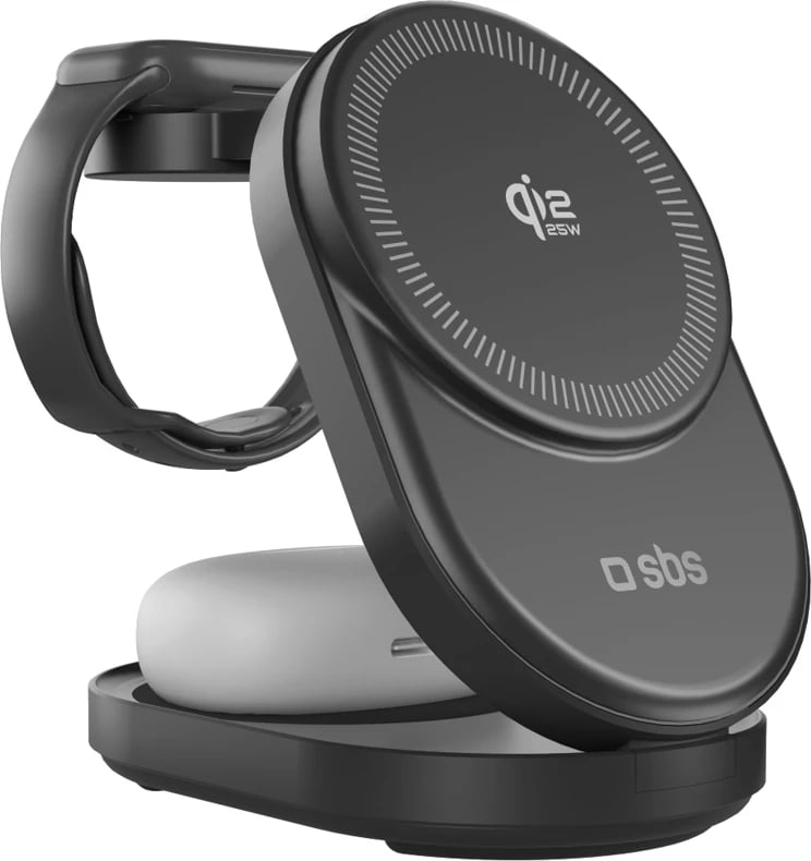 Stacion karikimi pa tel 3‑në‑1 i palosshëm, SBS, Qi2.2 25W, MFI, USB‑C, i zi