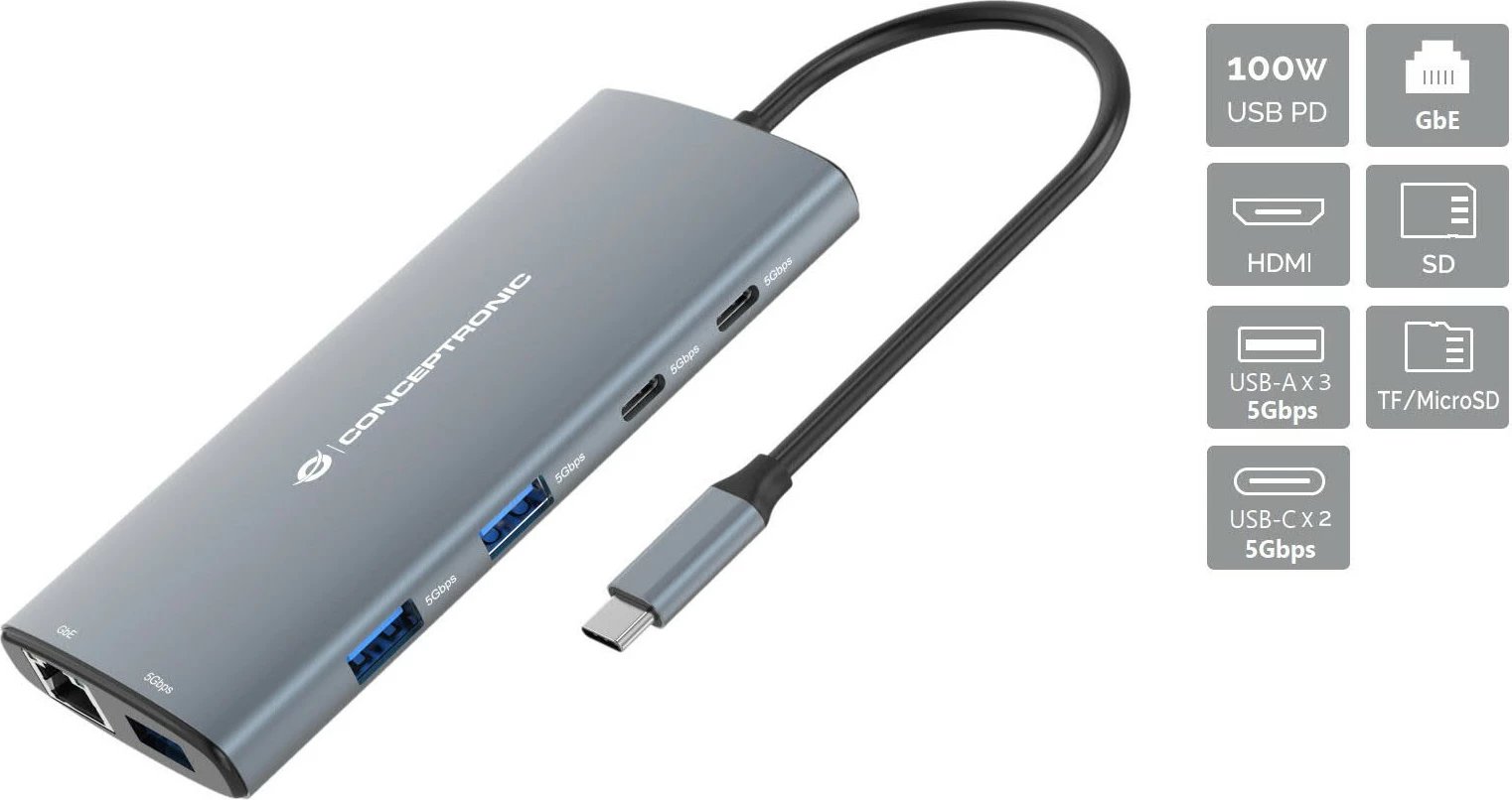 Dock Conceptronic 10-1 USB-C HDMI 2xUSB-C 3xUSB-A 20cm gri