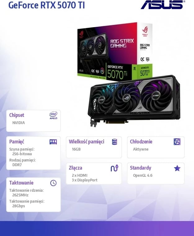 Kartë grafike, Asus ROG Strix RTX 5070 Ti OC ROG-STRIX-RTX5070TI-O16G-GAMING, 16GB GDDR7, 256-bit, PCIe 5.0, 3x DisplayPort/2x HDMI