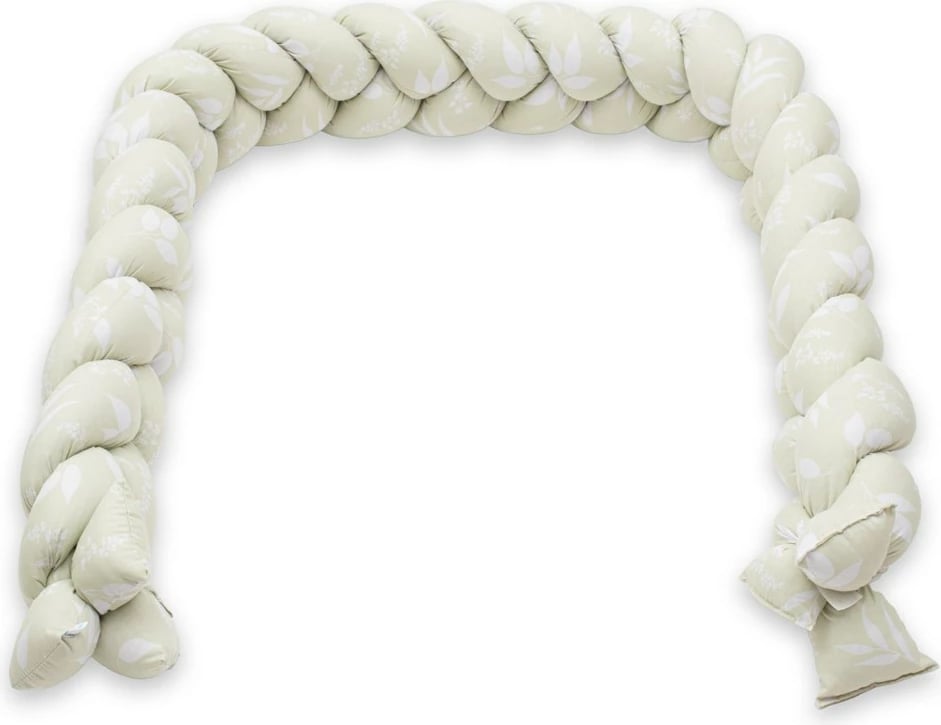 Mbrojtës i gërshetuar për krevat bebe, New Baby Leaves, 210x18x10 cm, pambuk 100% me mbushje anti-alergjike, me shirita fiksimi, jeshile