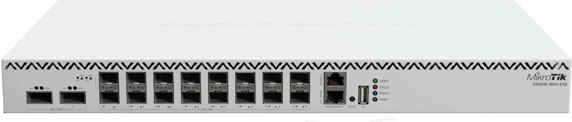 Switch MikroTik CRS518-16XS-2XQ-RM, 16x SFP28 25Gb, 2x QSFP28 100Gb, L3 hardware offload, USB 3.0 dhe portë seriale, furnizim i dyfishtë AC 100-240V, bardhë
