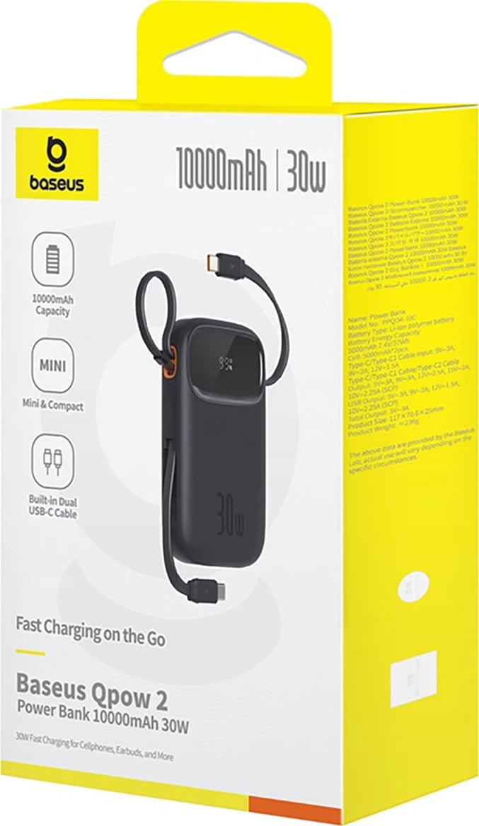 Powerbank Baseus QPow 2, 10000mAh, 30W, me kabllo USB-C të integruar, Ekran LED, e zezë Powerbank Baseus QPow 2, 10000mAh, 30W, me kabllo USB-C të integruar, Ekran LED, e zezë