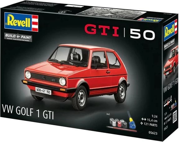 Model veture plastik, Revell, VW Golf 1 GTI 50 Years (REV-05623), shkallë 1:24, 121 pjesë, gjatësi 15.4 cm, për montim dhe lyerje