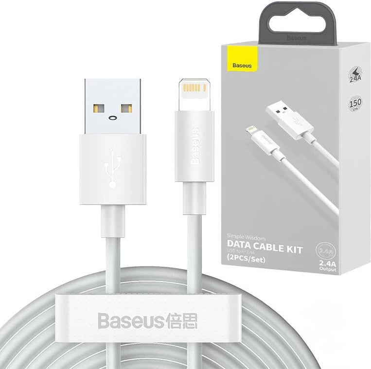 Set kabllo Baseus Simple Wisdom, USB në Lightning, 1.5m, 2.4A, Bardhë, 2 copë