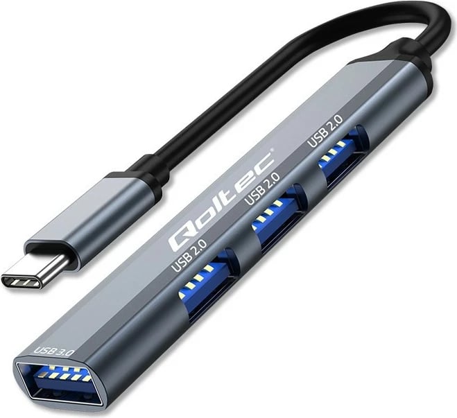 HUB USB-C Qoltec 53792, 4 porte (1x USB 3.0, 3x USB 2.0), grafit