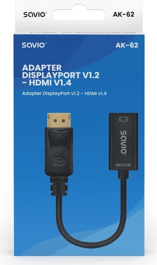 Adapter Savio DisplayPort (M) v1.2 - HDMI A (F) v1.4, 4K, AK-62 Adapter Savio DisplayPort (M) v1.2 - HDMI A (F) v1.4, 4K, AK-62
