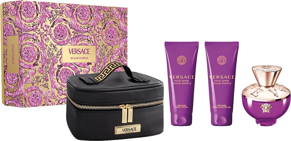 Set Eau de Parfum për femra Versace Dylan Purple, 100ml + xhel dushi 100ml + locion trupi 100ml + çantë kozmetike