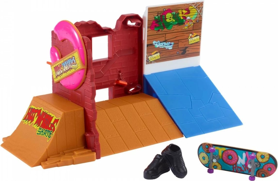 Set lodrash Hot Wheels Skate Donut Skatepark, me fingerboard dhe këpucë gishti, shumëngjyrësh