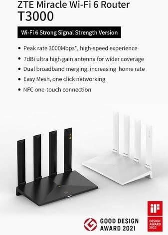 Router ZTE T3000 IDU, Wi-Fi 6, 3000 Mbps, 4 antena, i bardhë