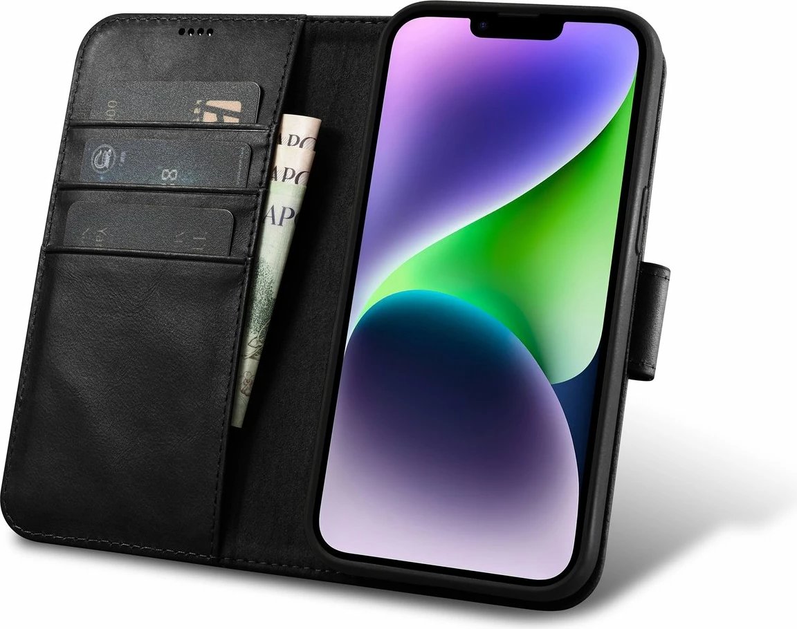 Mbështjellës iCarer Oil Wax Wallet 2in1 për iPhone 14 Plus, lëkurë natyrale, Anti-RFID, i zi