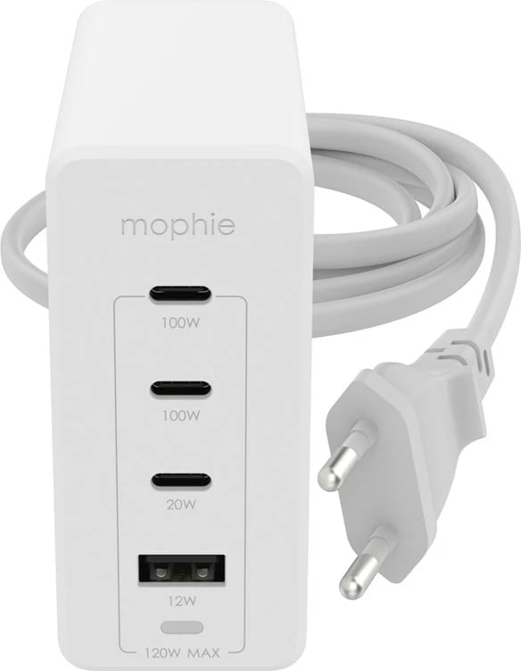 Adapter muri mophie USB-C PD HUB 120W GaN, 3x USB-C + 1x USB-A, Bardhë, EU