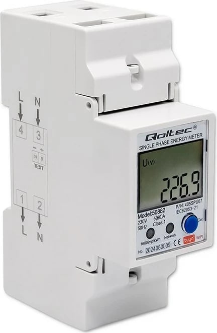 Matës energjie njëfazësh për DIN rail, Qoltec 50882, LCD, Wi-Fi, TUYA, 230V