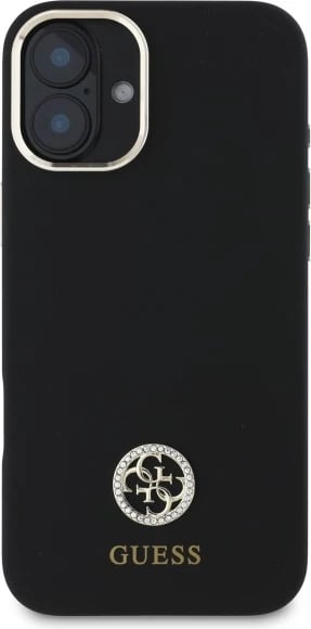 Mbështjellës Guess Silicone Logo Strass 4G për iPhone 16, i zi