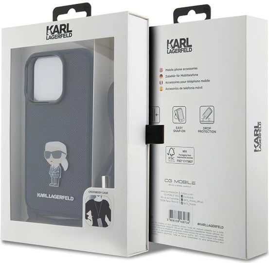 Mbështjellës Karl Lagerfeld Crossbody Saffiano Monogram Metal Pin Karl & Choupette për iPhone 15 Pro, e zezë