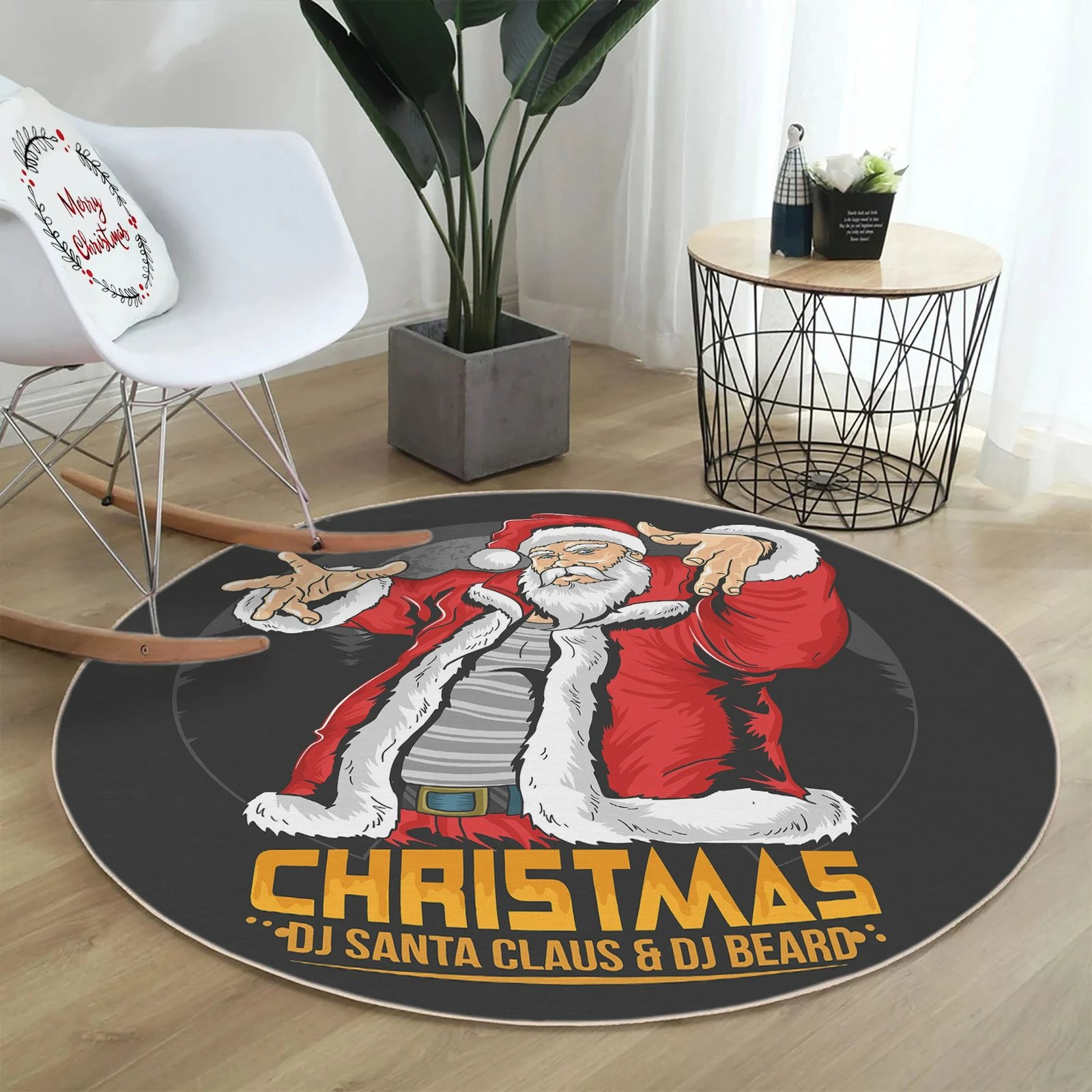 Qilim i rrumbullakët, dizajn me Santa Claus DJ, shumëngjyrësh, 90cm