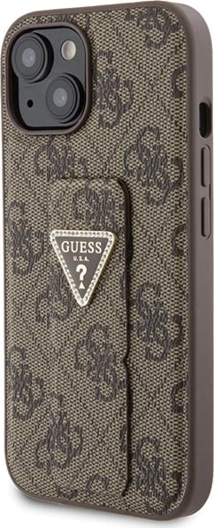 Mbështjellës Guess Grip Stand 4G Triangle Strass për iPhone 15, Kafe