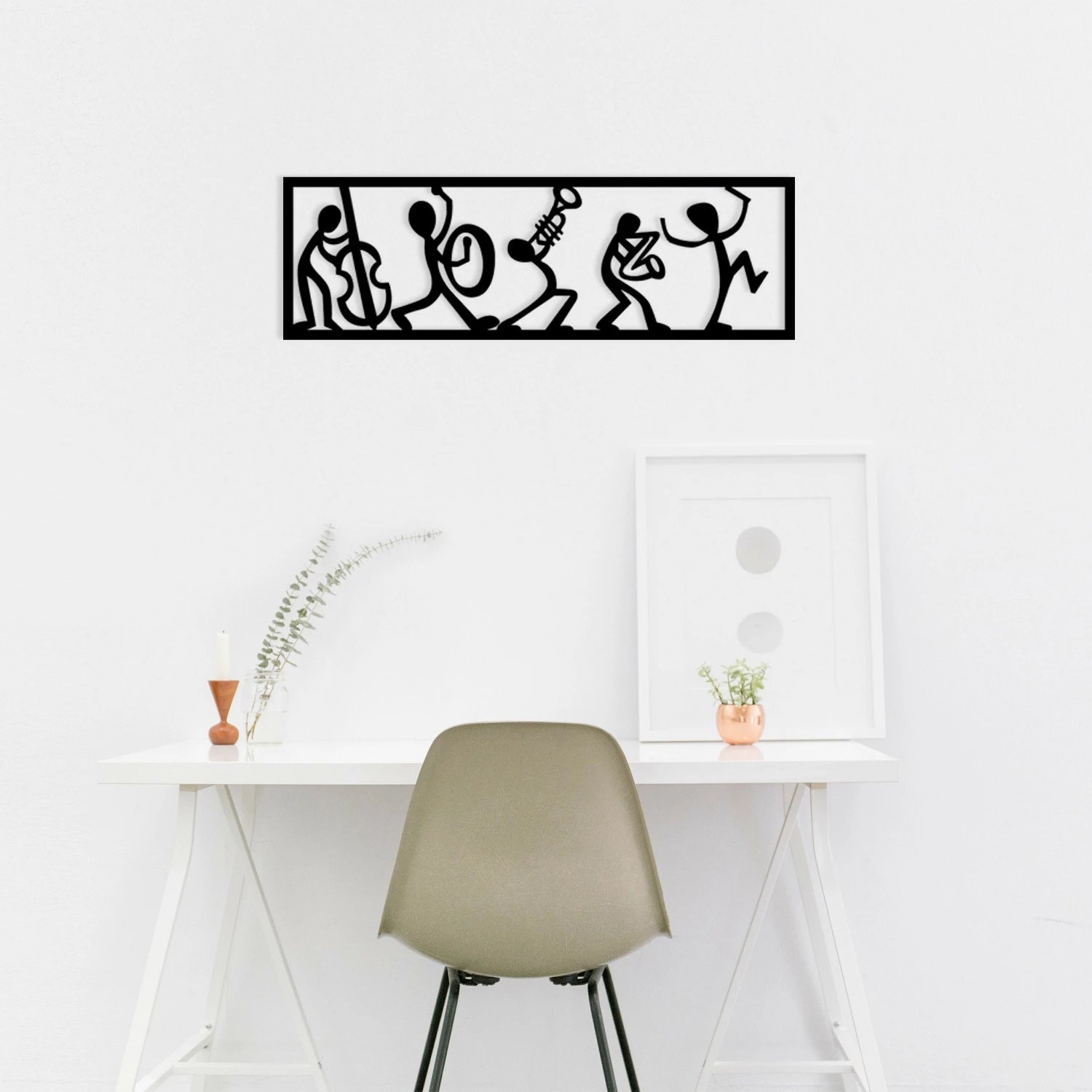 Aksesor dekorativ metalik për mur, Wallity, muzikantë, ngjyrë e zezë, 60x19cm