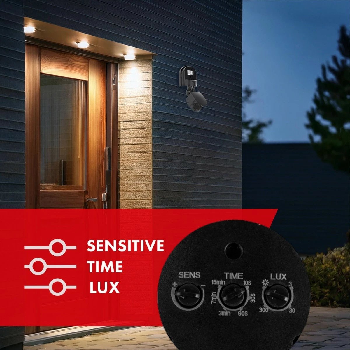 Sensor lëvizjeje dhe muzgu Maclean MCE25 B/B 180°, 1200W max, rreze 5–12 m, IP44, i zi