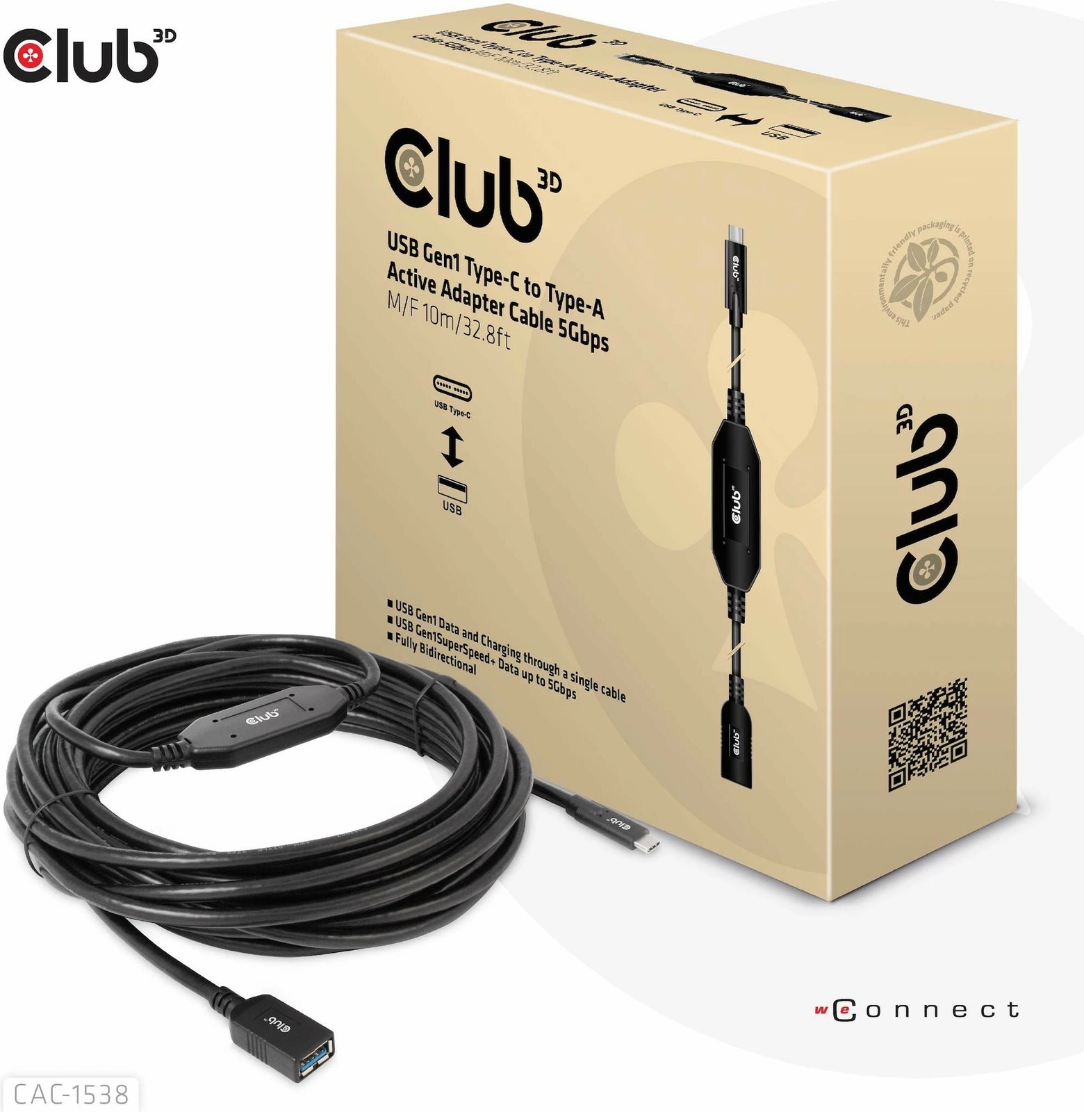 Kabllo USB Club3D CAC-1538, USB-C në USB-A, 10m, e zezë