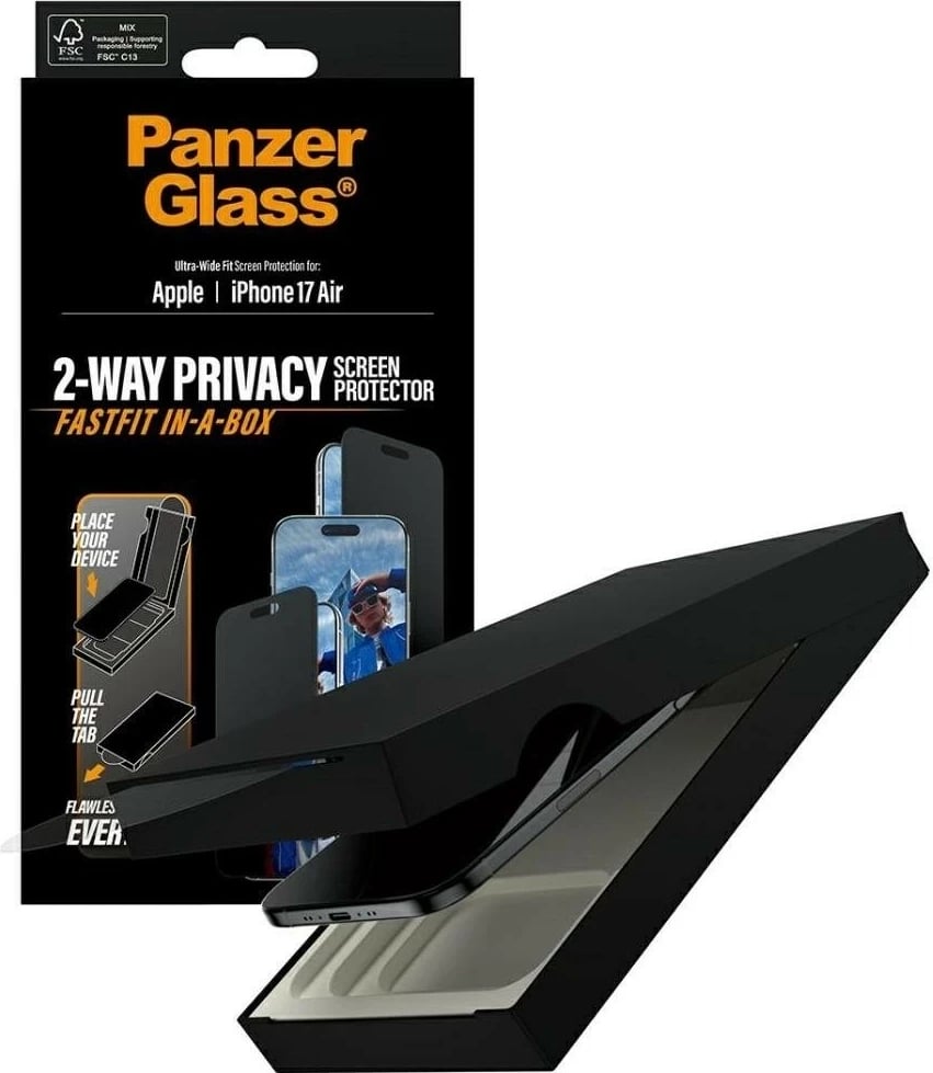 Mbështjellës PanzerGlass Ultra-Wide Fit Fastfit për iPhone 17 Air, privacy glass, e zezë