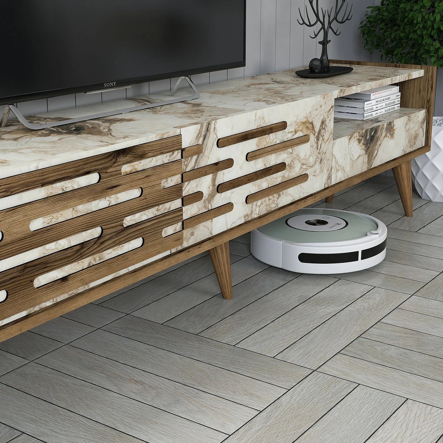 Njësi TV, ngjyrë arre, e bardhë, mermer, Valensiya, Skye Decor