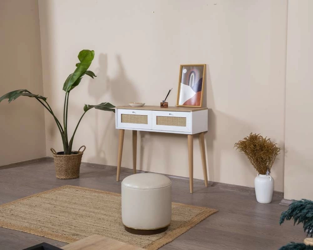 Komodë Skye Decor, stil bohem, e bardhë dhe lis