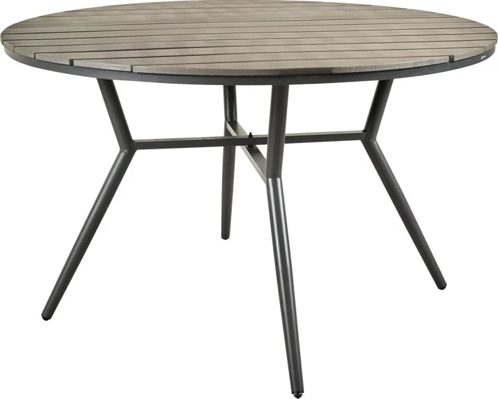 Tavolinë me karrige për terasë Appa-Moly, alumin dhe dru kompensat, ngjyrë antracit, set prej 5 pjesësh, Φ120x74cm