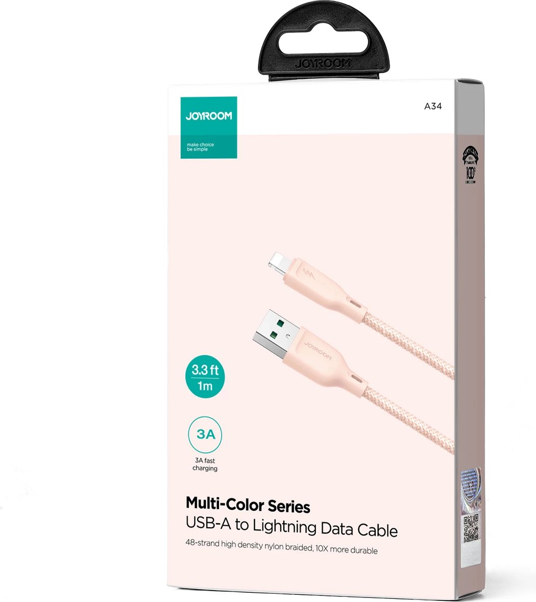 Kabllo Joyroom Multi-Color Series S-A34, USB-A në Lightning, 1m, 3A, Rozë