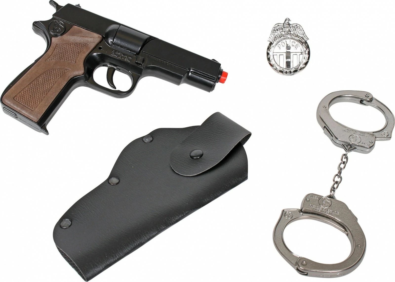 Set policie për fëmijë Pulio Gonher 155425/6, me pistoletë, pranga dhe kaburë, ngjyrë zezë/kafe/argjend