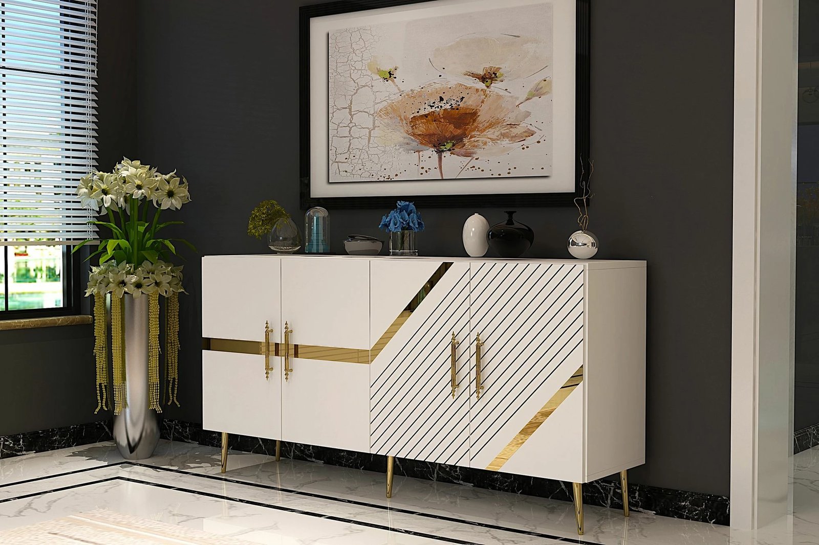 Konsolë moderne, ngjyrë e bardhë dhe ari, Skye Decor, Fuga KB150