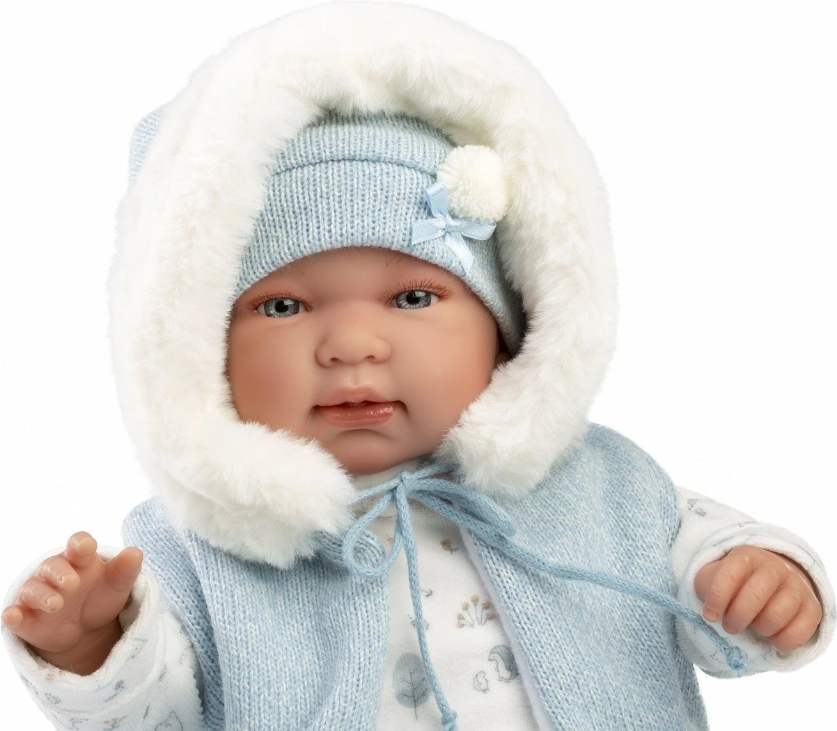 Kukull bebe vajtuese, Llorens, 84485 Tino, 44 cm, qarje me shtypje në bark, bateri LR44 të përfshira, set me 4 pjesë + biberon, blu e çelët