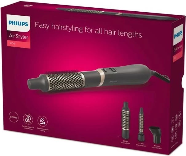 Suszarko-lokówka Philips BHA301/00, 800 W, 3 nivele temperature, 2 shpejtësi, e zezë, set me 3 aksesorë