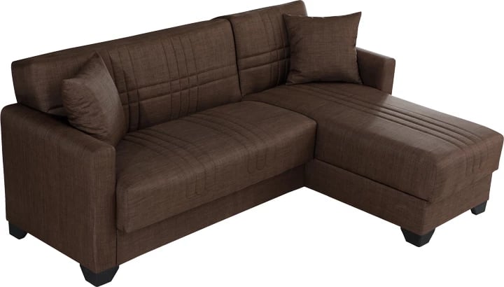 Këndore divan-krevat Stashio, material stof, ngjyrë kafe, këmbë të zeza, 202x143x84cm
