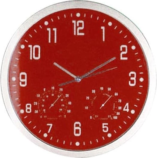 Orë muri MACMA me termometër dhe higrometër, Ø35cm, E kuqe