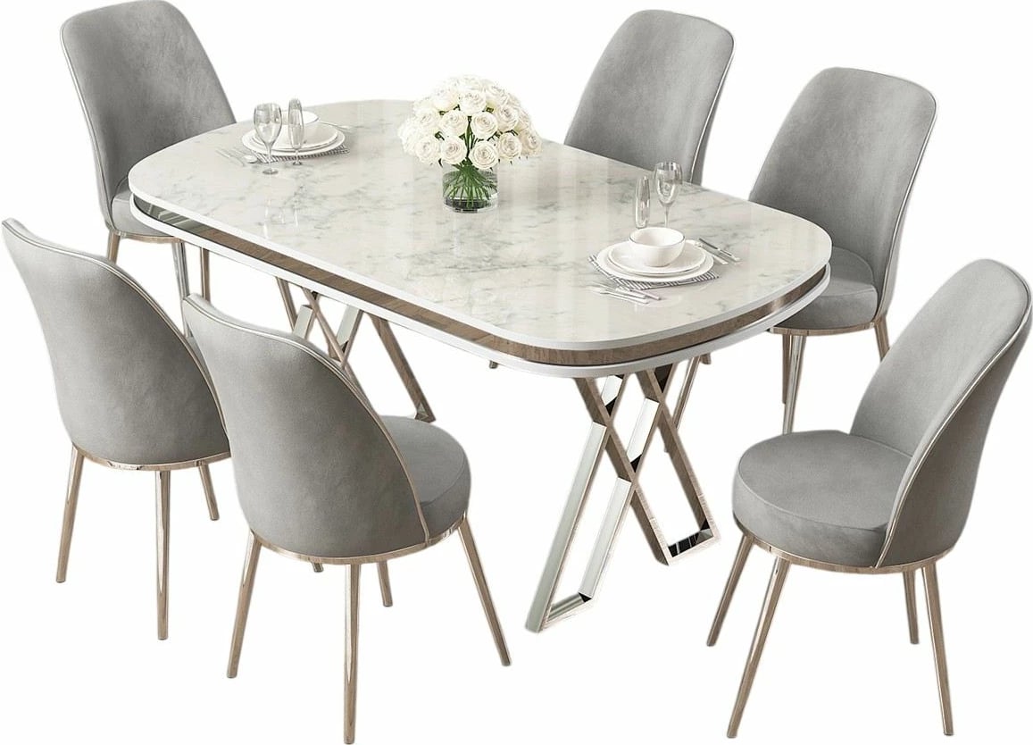 Tavolinë me karrige për ngrënie, 7 copë, Skye Decor, e bardhë, krom, gri