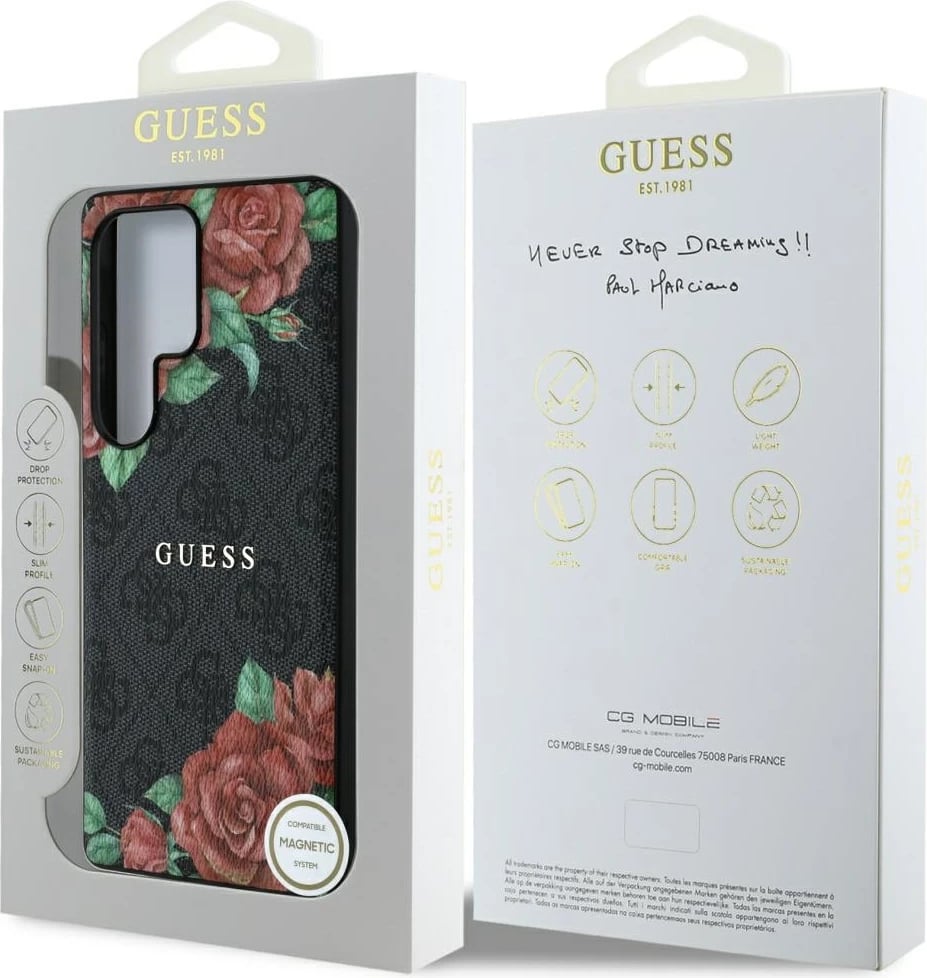 Mbështjellës Guess Leather 4G Flowers Print Metal Classic Logo MagSafe për Samsung Galaxy S25 Ultra, Zi Mbështjellës Guess Leather 4G Flowers Print Metal Classic Logo MagSafe për Samsung Galaxy S25 Ultra, Zi