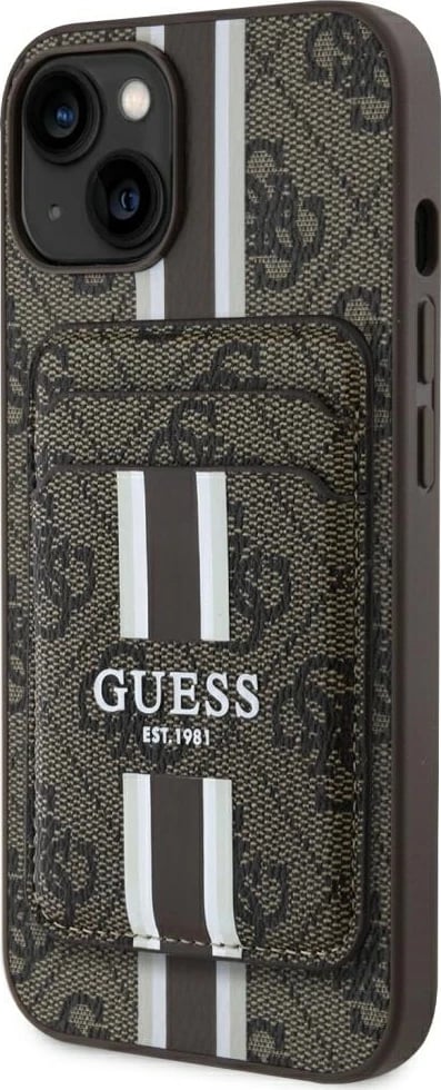 Mbështjellës Guess 4G Stripes me portofol MagSafe për iPhone 15, Kafe