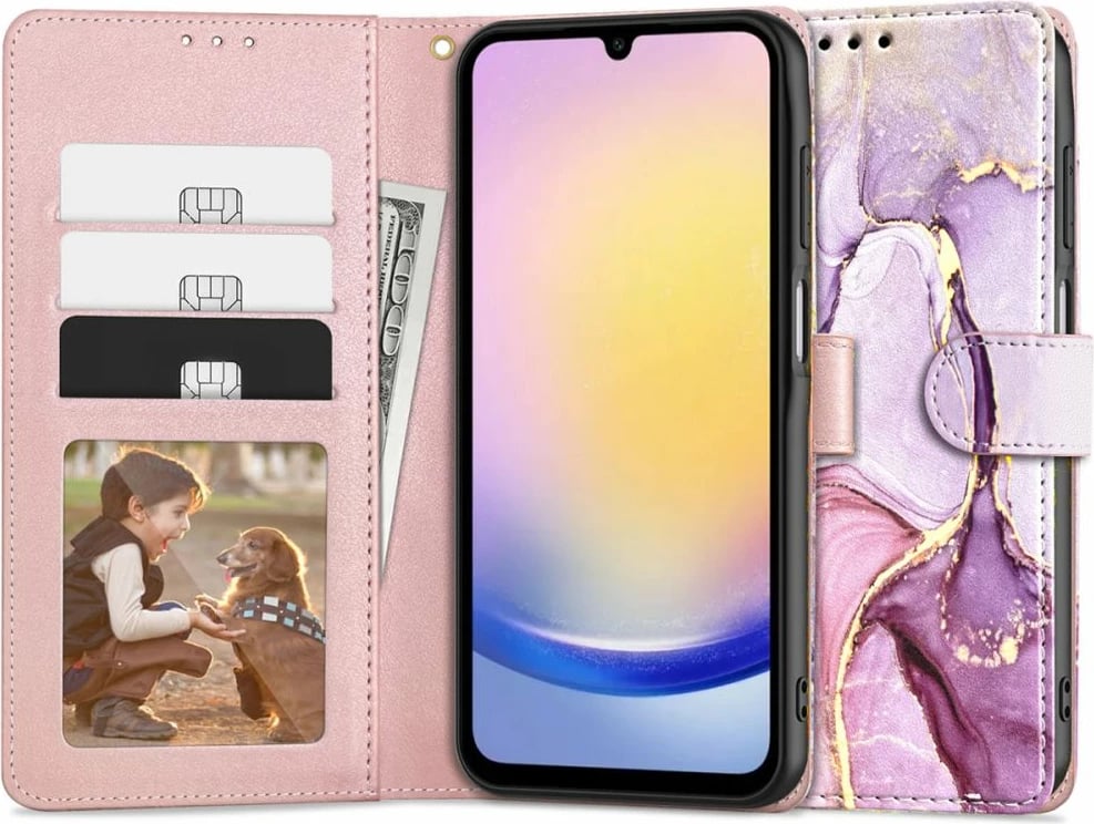 Mbështjellës Tech-Protect Wallet për Samsung Galaxy A25 5G, mermer rozë-vjollcë