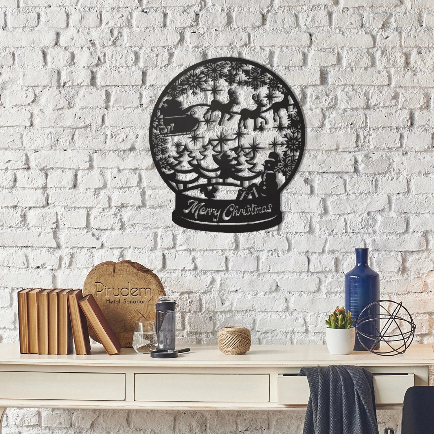 Aksesor dekorativ metalik për mur, Wallity, Merry Christmas, i zi, 50x50cm
