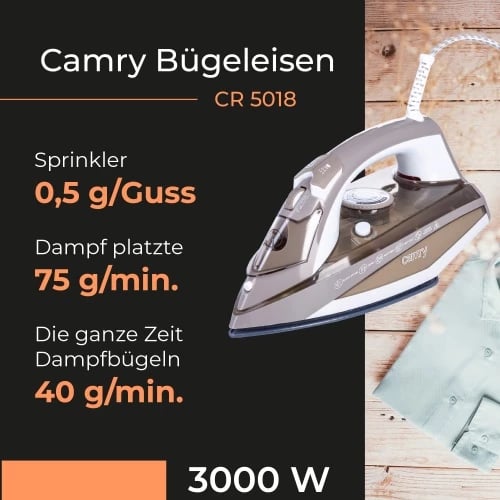 Hekur me avull, Camry CR5018, 3000W, shollë qeramike, depo 320 ml, kordon 1.9 m, ar