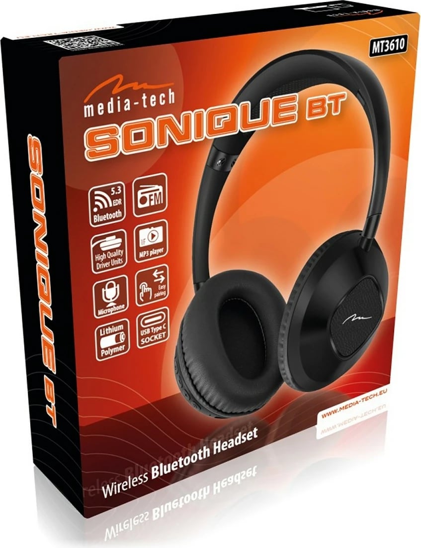 Kufje pa tela Media-Tech SONIQUE BT MT3610, Bluetooth 5.3, mikrofon, FM radio, MP3, e zezë